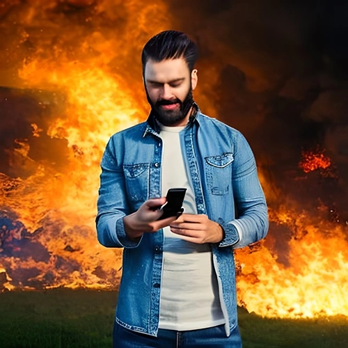 Un hombre apostando con fuego detrás de él