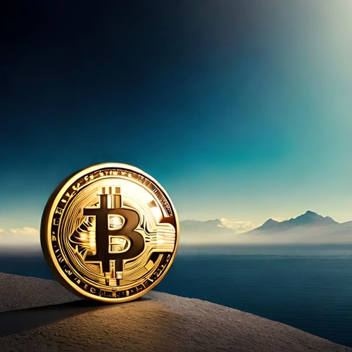 Una moneda de bitcoin en las montañas