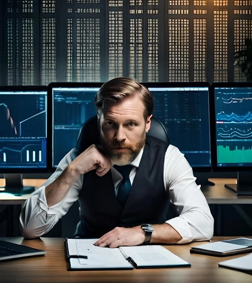 Un hombre que nos mira, en medio de una sala de trading