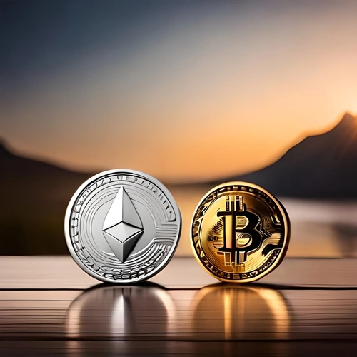 Una pieza de Ethereum y una pieza de Bitcoin