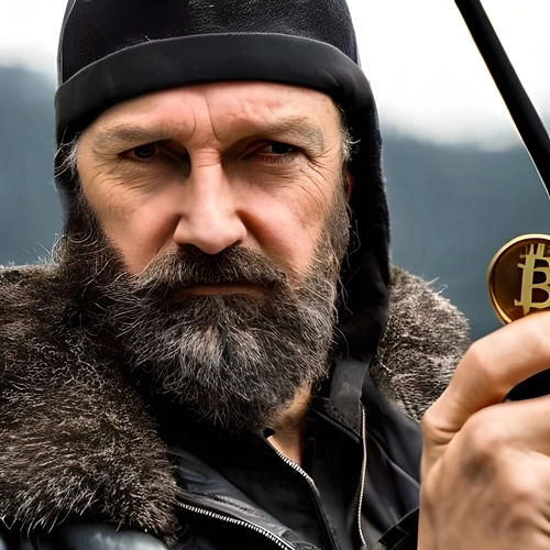 Un hombre sosteniendo una moneda de criptomoneda en su mano