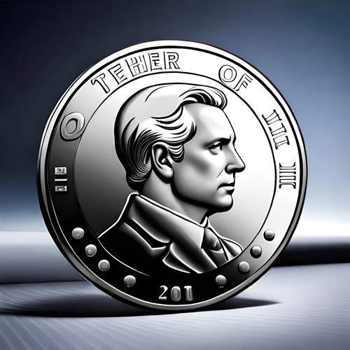 Una pieza plateada de Tether en primer plano